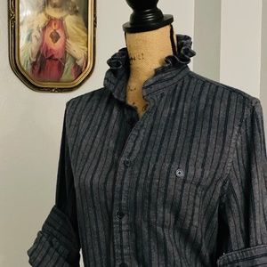 Upcycled Ladies Long Sleeve Button Down Ruffle Collar, Unique Flannel Shirt